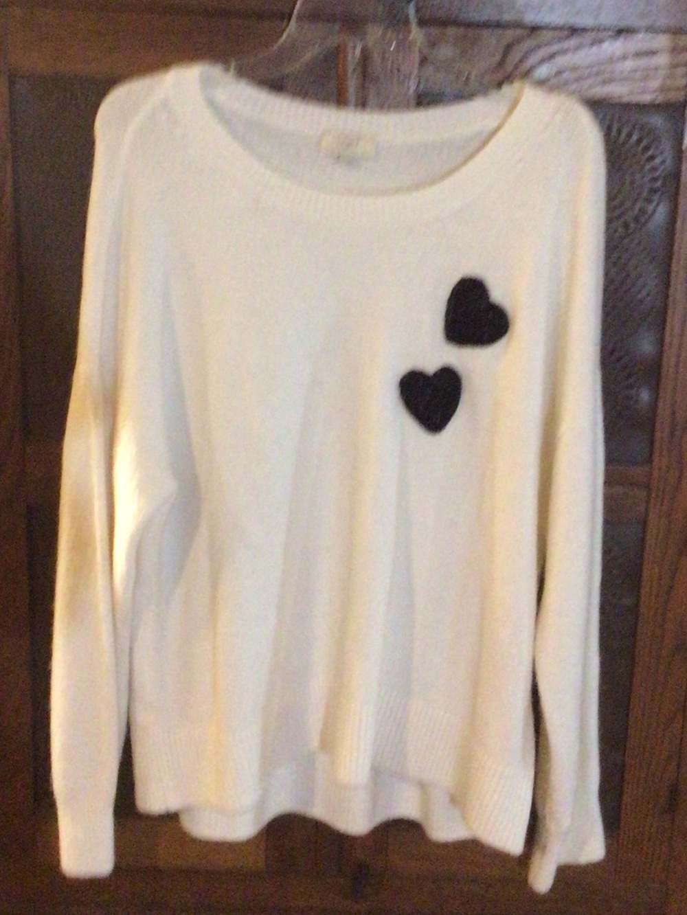 LOFT Cream Crewneck Sweater with Black Heart sparkly sequins